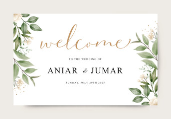 Welcome sign template for wedding with flowers and green leaves