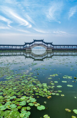 traditional Chinese bridge over lake with lotus leaves
