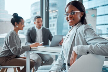 Portrait, smile and black woman, lawyer and meeting in office workplace. Face, intern and business...