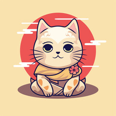 Japanese cute cat vector illustration with sun background