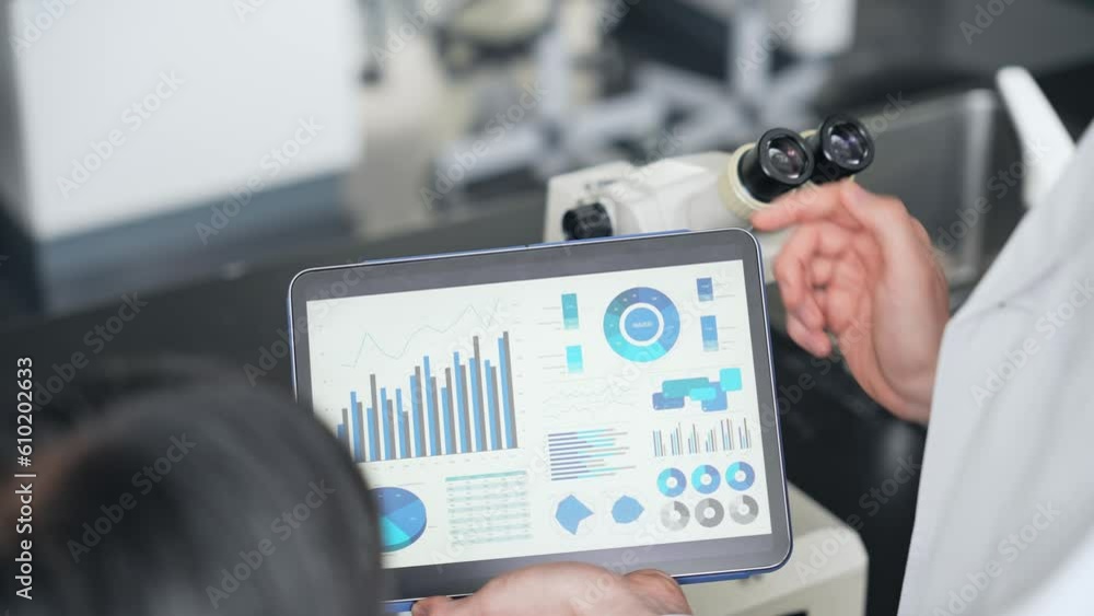 Poster Group of researchers looking at tablet data in the lab. Research and Development.