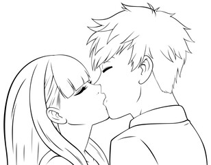 Anime Boy and Girl Kissing Line Art