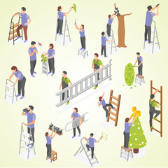 people using ladder various purposes isometric icons collection isolated vector illustration