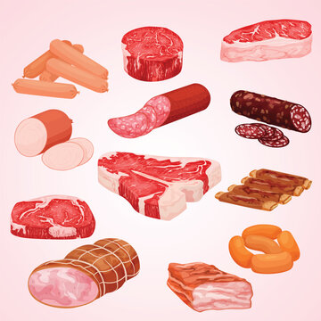 meat products flat set with isolated images raw steaks sausages bacon blank background vector illustration
