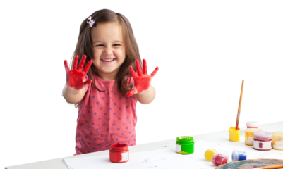 Little girl showing painted hands on  background