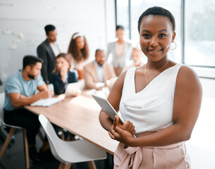 Black woman in business, smile in portrait and tablet, leadership and meeting with corporate group. Team leader, wireless tech and confidence with female person in conference room for presentation