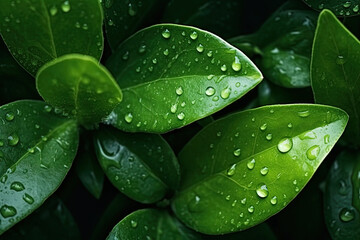 Fototapeta premium top view fresh green leaves with raindrops texture