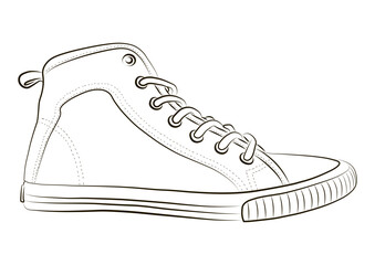 Shoes sneaker outline drawing vector, Sneakers drawn in a sketch style, black line sneaker trainers template outline, vector Illustration