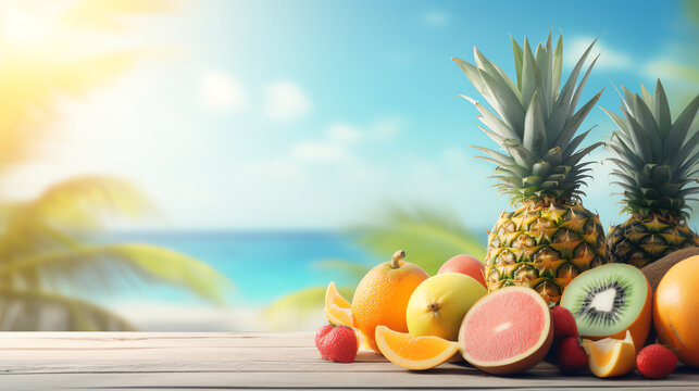 photo tropical summer concept background copy space with fruit ai generative