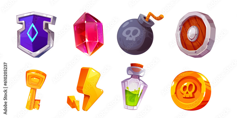 Poster cartoon game ui interface element icon vector set. mobile gui design kit with gold coin, shield, lig