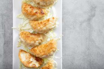 A top down view of a plate of fried jiaozi.