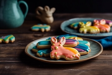 Obraz na płótnie Canvas sweet Easter bunny cookie with colorful glaze on the plate Generative AI