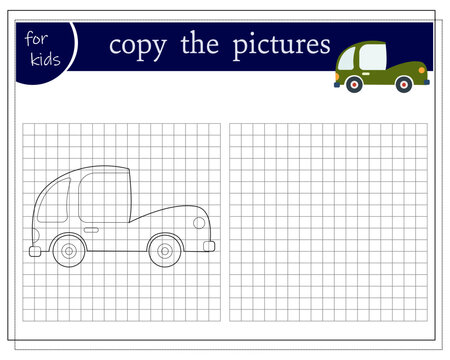 Copy the picture, an educational game for children, a cartoon car. Vector illustration on a white background