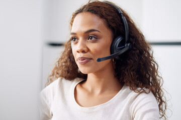 Call center, woman and face of consultant at computer for customer service, technical support and...