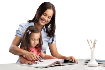 Beautiful young mom reading a book with her cute baby