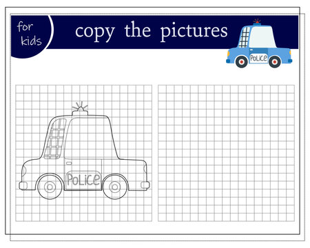 Copy the picture, an educational game for children, a cartoon police car. Vector illustration on a white background