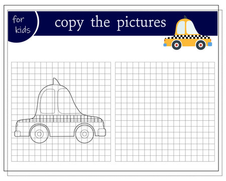 Copy the picture, an educational game for children, a cartoon taxi car. Vector illustration on a white background
