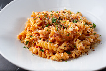 A view of a plate of spicy Louisiana pasta.