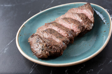 A view of a plate of sliced steak.