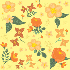 Seamless seasonal floral pattern with orange flowers and green leafs, Scrapbooking texture, textile fabric, wrapping paper, yellow background