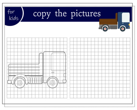 Copy the picture, an educational game for children, a cartoon car truck. Vector illustration on a white background