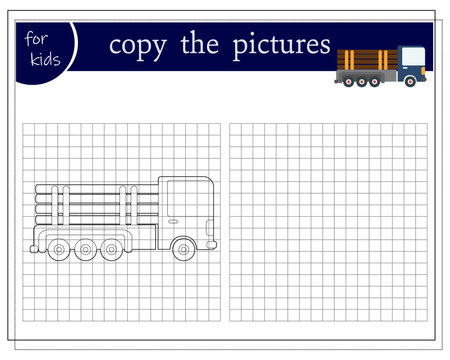 Copy the picture, an educational game for children, a cartoon logging truck. Vector illustration on a white background