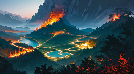 Burning Forest. Nocturnal Scene Unleashing Environmental Inferno. Climate Change. Generative AI