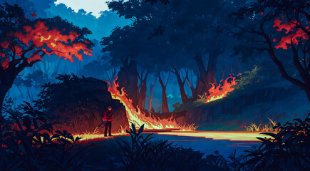 Fototapeta premium Burning Forest. Nocturnal Scene Unleashing Environmental Inferno. Climate Change. Generative AI