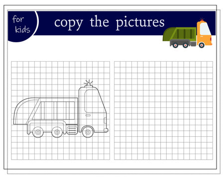 Copy the picture, an educational game for children, a cartoon garbage truck. Vector illustration on a white background