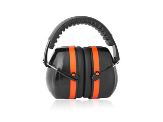 Black-red headphones for noise protection isolated on white background. Focus stacking.