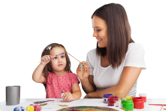 Happy young mother and daughter painting
