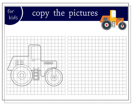 Copy the picture, an educational game for children, a cartoon car asphalt paver. Vector illustration