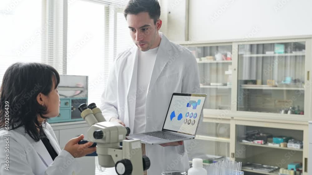 Aufkleber multinational researcher group experimenting in the lab. research and development.