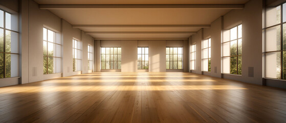 Interior empty light apartment with wooden parquet. Modern design. Big room with copy space. Generative AI