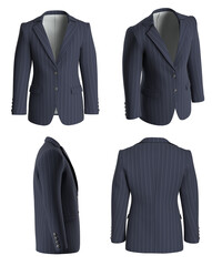 Man suit. Isolated. Jacket from four sides. Blue suit with white lines
