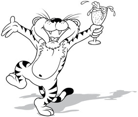 Drawing of a Tiger with a Glass of Champagne in the Paw