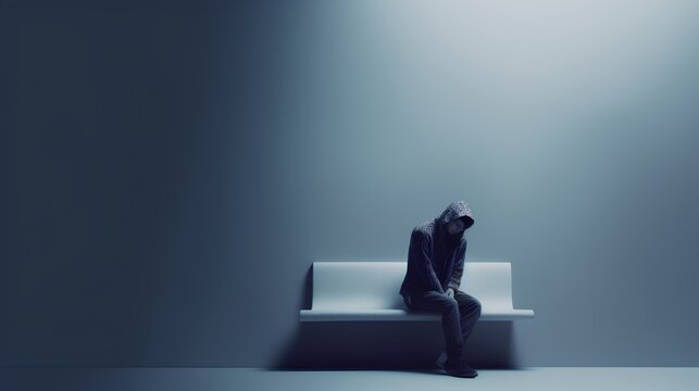 Concept of depression and mental health issues, depicting a person appearing sad and slumped, symbolizing their personal inner struggle, emotional pain and isolation. Generative AI