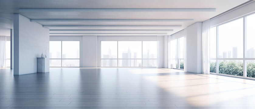 Interior empty white apartment. Modern design. Big light room with copy space. Generative AI