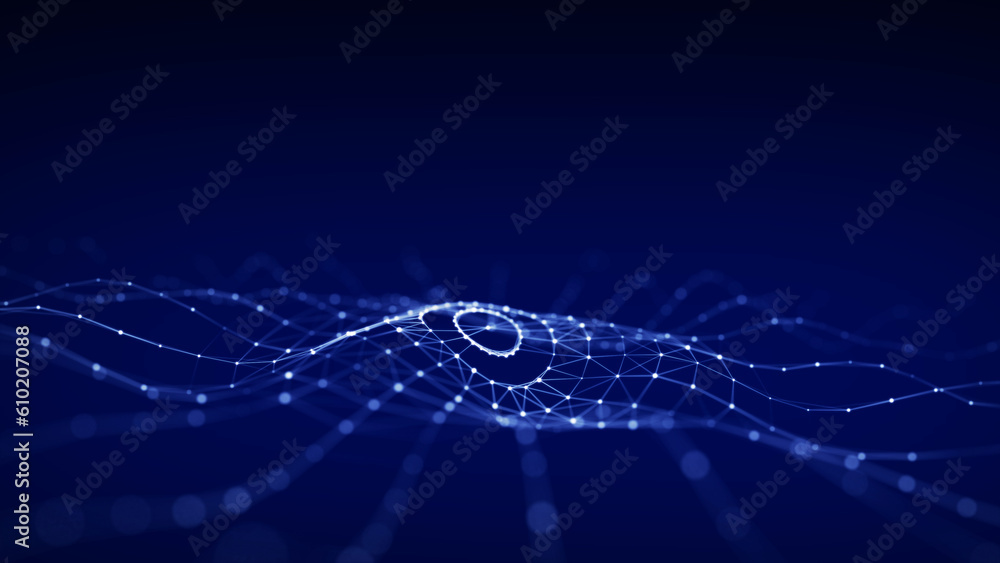 Poster 3d digital circular dynamic wave on blue background. technology smart wave. futuristic flow of scien