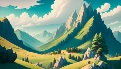 Enchanting Mountain Landscape with Lakes and Valleys. Leisure Destination. Generative AI.
