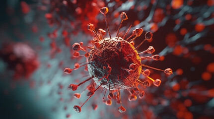 Red virus, microscopic view, generative ai
