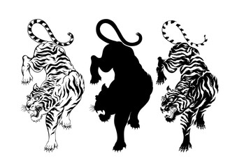 Hand drawn tiger illustrations with silhouette and inverted version vector design elements
