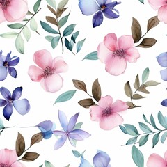 Obraz premium Seamless watercolor pattern with flowers and leaves. Floral pattern for wallpaper or fabric. Botanic Tile. Generative AI