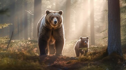 Bear with cubs in the forest and sun rays shining through the trees. Generative AI