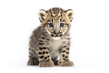 Fototapeta na wymiar Snow Leopard cub isolated on on white background, Panthera uncia. Generative AI