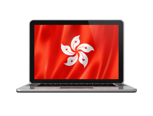 Hong Kong flag on laptop screen isolated on white. 3D illustration