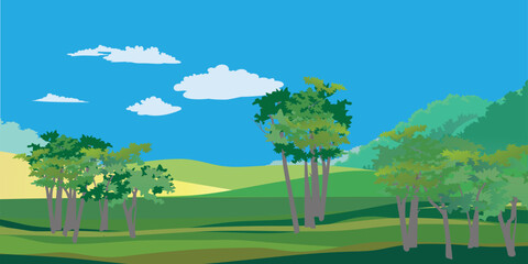 Rural hills landscape vector background on white. Pasture grass for cows. Meadows and trees. Horizon.