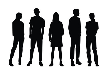 Vector silhouettes of  men and a women, a group of standing  business people, profile, black color isolated on white background