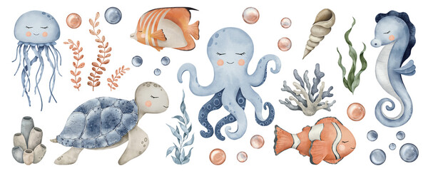 Large set of Underwater Animals. Cute undersea bundle with octopus, seahorse, jellyfish, turtle, clownfish, shells, algae, corals and bubbles. Hand drawn watercolor illustration of sea Fish for