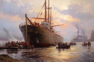 Fototapeta premium Barge on the river, Generative AI